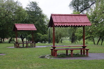 barbecue arbors in rainy park
