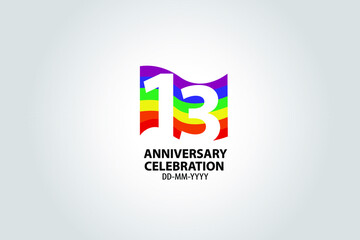 13 year anniversary celebration logotype with white number Emboss Style isolated on LGBT Colorful Flag on white grey background for invitation card, banner or flyer -vector