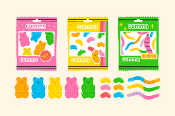Colorful Fruity and tasty Sweets. Various Gummy and Jelly candies. Bears, Worms, Beans. Hand drawn Vector set. Trendy illustrations. Cartoon style. All elements are isolated