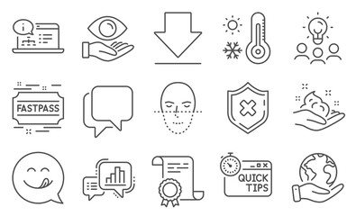 Set of Business icons, such as Quick tips, Reject protection. Diploma, ideas, save planet. Weather thermometer, Fastpass, Skin care. Downloading, Online documentation, Graph chart. Vector