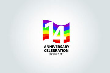 14 year anniversary celebration logotype with white number Emboss Style isolated on LGBT Colorful Flag on white grey background for invitation card, banner or flyer -vector