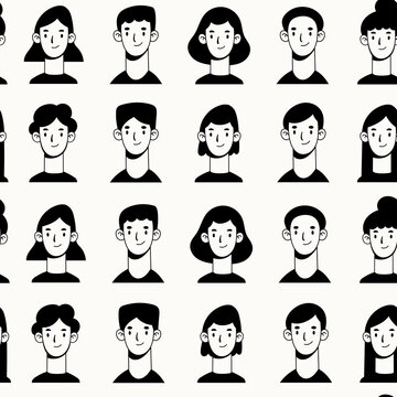 Heads and necks of boys and girls. Various haircuts. Young men and women. Black and white People avatars. Hand drawn Vector Seamless pattern. Cartoon style, flat design