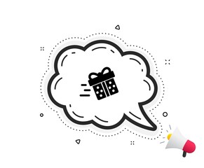 Gift box Delivery icon. Quote speech bubble. Present or Sale sign. Birthday Shopping symbol. Package in Gift Wrap. Quotation marks. Classic present delivery icon. Vector