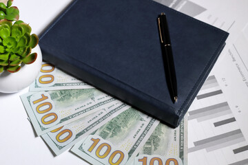 On the table there is a diary and a pen for notes. budget calculation. Money, dollars, financial...