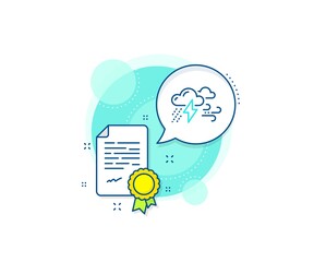 Bad weather sign. Certification complex icon. Clouds with raindrops, lightning, wind line icon. Certificate or diploma document. Bad weather sign. Vector