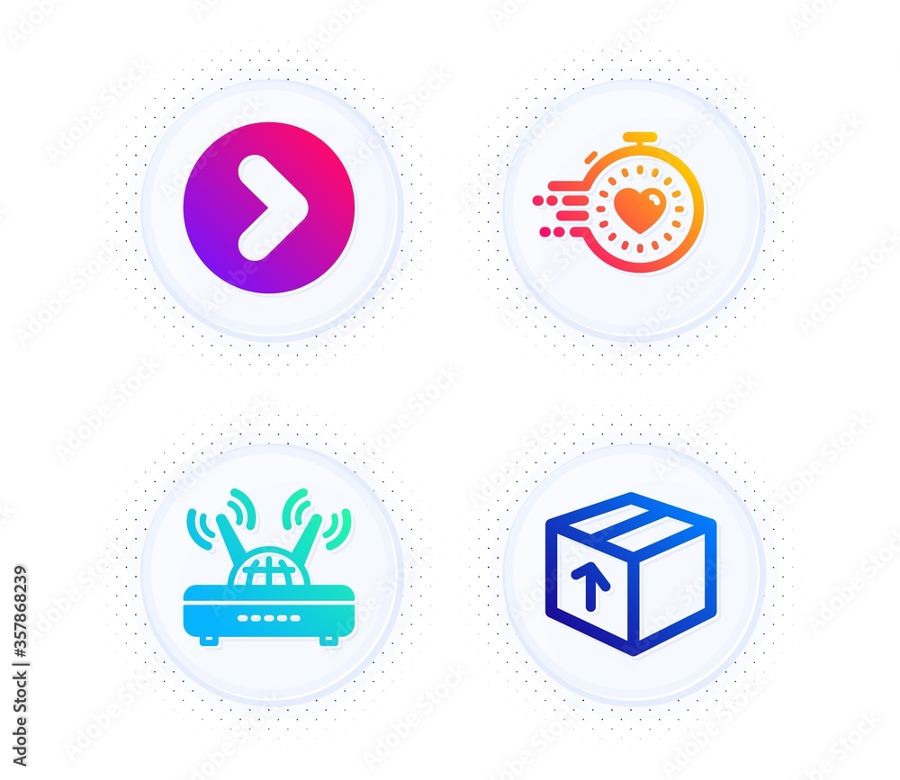 Poster timer, forward and wifi icons simple set. button with halftone dots. package sign. deadline manageme