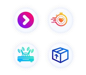 Timer, Forward and Wifi icons simple set. Button with halftone dots. Package sign. Deadline management, Next direction, Internet router. Delivery pack. Business set. Gradient flat timer icon. Vector