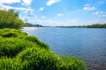 Panoramic view of Vistula river waters with sandy islands and shores of Lawice Kielpinskie natural reserve near Lomianki town north of Warsaw in central Mazovia region of Poland