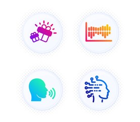 Column diagram, Human sing and Gift icons simple set. Button with halftone dots. Artificial intelligence sign. Sale statistics, Talk, Marketing box. Mind intellect. Business set. Vector