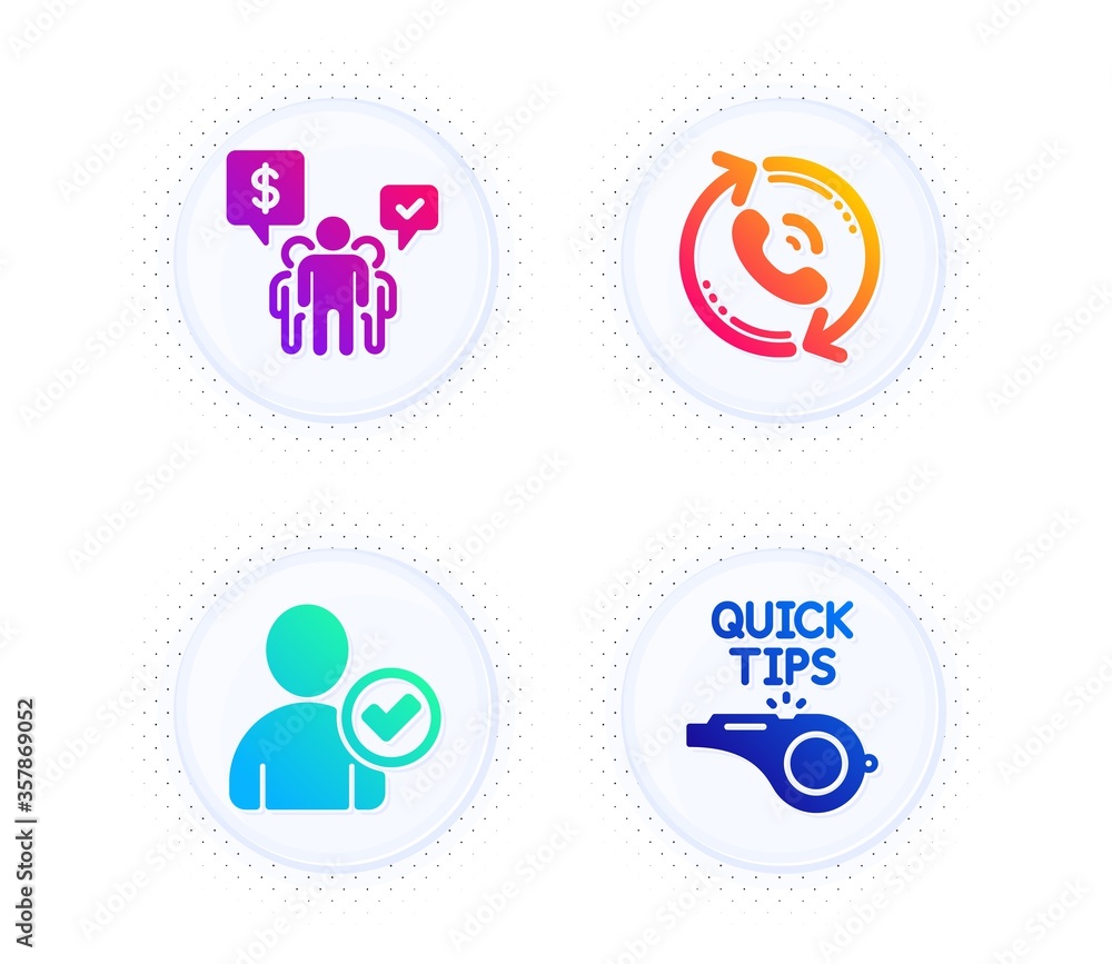 Aufkleber call center, teamwork and identity confirmed icons simple set. button with halftone dots. tutorials 