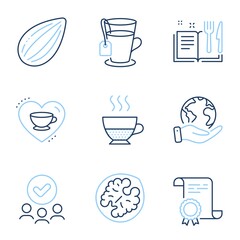 Doppio, Love coffee and Recipe book line icons set. Diploma certificate, save planet, group of people. Almond nut, Tea and Walnut signs. Coffee drink, Cappuccino mug, Food. Vegetarian food. Vector