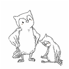 Owls disgruntled father and guilty disappointing son. Children's illustration, family psychology, cute animals, family relationships. Pictures for Instagram posts.