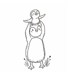 Penguin family. Dad Penguin teaches his son to fly and dream. New opportunities. Children's illustration, family psychology, cute animals, family relationships. Pictures for Instagram posts.