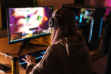 Image from back of girl playing video game on personal computer