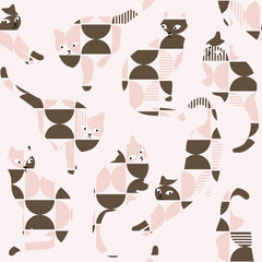 Retro Abstract Geometric Cat Silhouette Seamless Pattern, Pink & Brown.