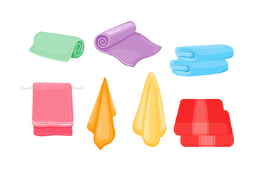 Set of towel: for spa, bathroom, kitchen, roll and hanging. Cartoon Vector illustration.