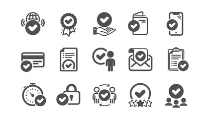 Approve icons set. Accepted document, approve verification, right choice. Quality check, protection, checklist icons. Guarantee document, accepted card, interviewed. Flight confirmed. Vector
