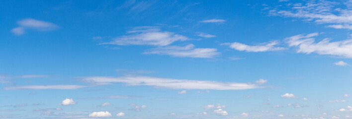 Fototapeta premium Panorama of blue sky with single white clouds