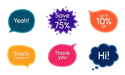 Save 75%, 10% discount and stock clearance. Colorful chat bubbles. Thank you phrase. Sale shopping text. Chat messages with phrases. Texting thought bubbles. Vector