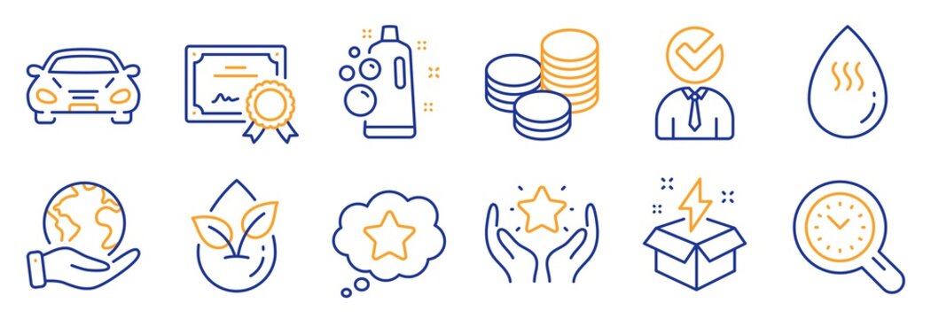 Set of Business icons, such as Clean bubbles, Organic product. Certificate, save planet. Creative idea, Car, Vacancy. Loyalty star, Ranking, Hot water. Time management, Tips line icons. Vector