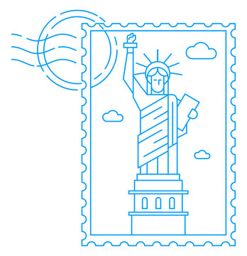 Statue of liberty minimal linear stamp vector illustration and typography design, New York, Usa
