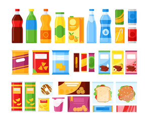 Vending machine products. Vector snack product set with drinks, juice, chips, cracker, cookie, chocolate and sandwich for vending machine bar. Fast food snacks and drinks icons in flat style