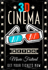 Cinema vector retro poster with 3d glasses