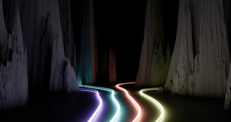 3d rendering. Neon lines of different colors stretch along the rocks. Background graphic illustration.
