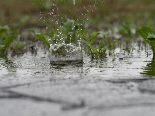 close up rain water drop falling to the floor in rainy season