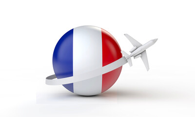 Travel to France concept. Airplane flying around flag. 3D Rendering.