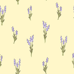 Obraz na płótnie Canvas Lavender flower seamless childish pattern on yellow background. Texture for - fabric, wrapping, textile, wallpaper, apparel. 
