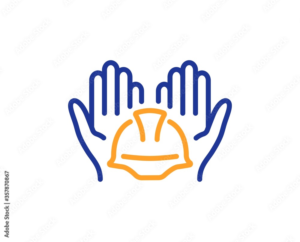 Poster builders union line icon. care ocnstruction workers sign. engineer or architect helmet symbol. color