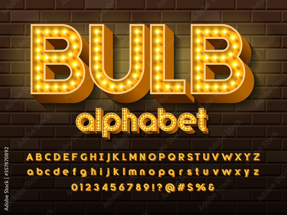 Poster light bulb style alphabet design with uppercase, lowercase, numbers and symbols