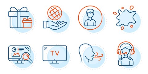 Tv, Safe planet and Support signs. Breathing exercise, Surprise package and Person line icons set. Dirty spot, Seo analytics symbols. Breath, Present boxes. Business set. Outline icons set. Vector