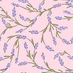 Lavender flower seamless childish pattern on pink background. Texture for - fabric, wrapping, textile, wallpaper, apparel. 