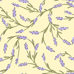 Lavender flower seamless childish pattern on yellow background. Texture for - fabric, wrapping, textile, wallpaper, apparel. 