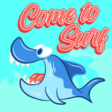 Ilustracion tierna de tiburon con texto ven a surfear, dise&ntilde;o tanto editorial como para impresion en textil ya sea bebo o infantil.