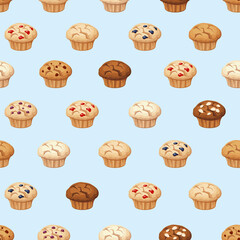 Vector seamless pattern with muffins on a blue background.