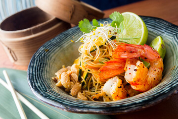 Noddles with shrimps in asia