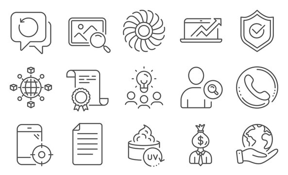 Set of Business icons, such as Fan engine, Sales diagram. Diploma, ideas, save planet. Find user, Search photo, Manager. Seo phone, Logistics network, Recovery data. Vector