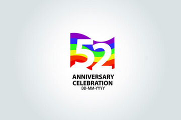 52 year anniversary celebration logotype with white number Emboss Style isolated on LGBT Colorful Flag on white grey background for invitation card, banner or flyer -vector