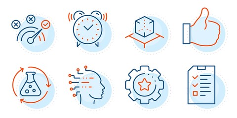 Chemistry experiment, Interview and Like signs. Augmented reality, Correct answer and Settings gear line icons set. Artificial intelligence, Alarm clock symbols. Outline icons set. Vector