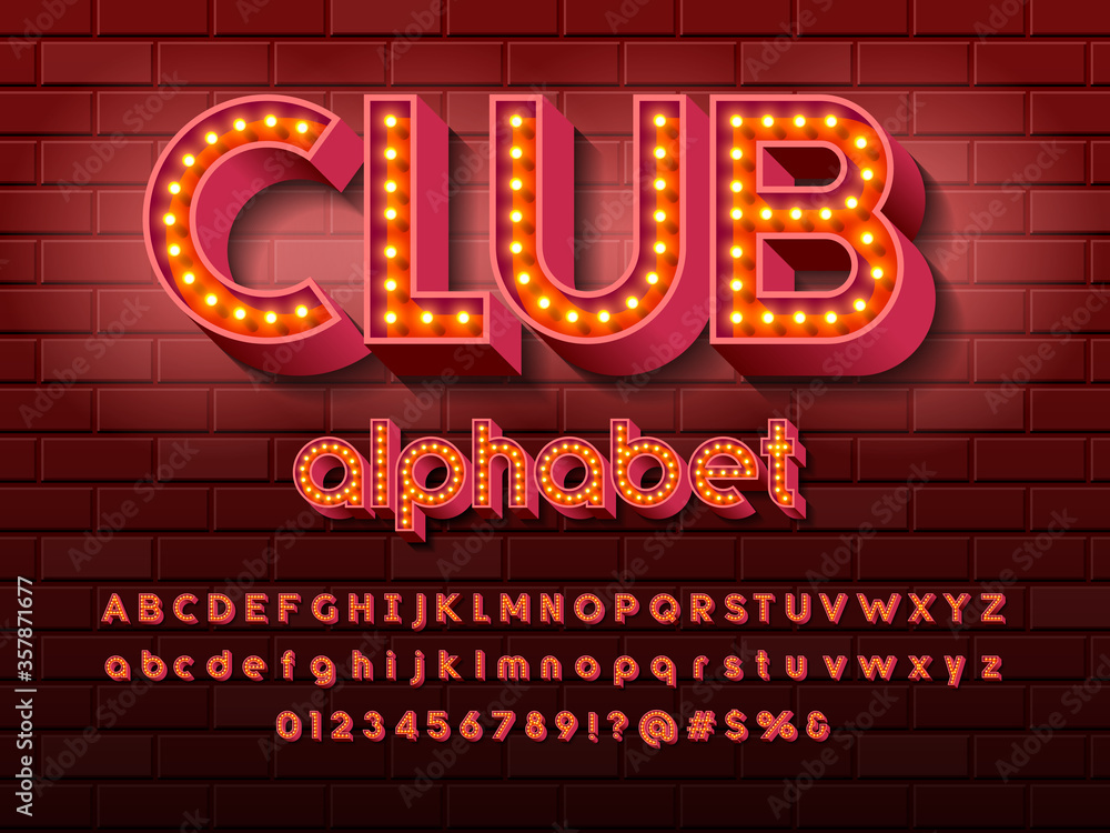Poster light bulb style alphabet design with uppercase, lowercase, numbers and symbols