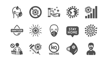 Coronavirus icons set. Hands sanitizer, medical protective mask, no vaccine. Stay home, washing hands hygiene, coronavirus epidemic mask icons. Covid-19 virus pandemic. Quality set. Vector