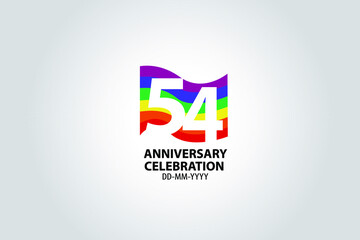 54 year anniversary celebration logotype with white number Emboss Style isolated on LGBT Colorful Flag on white grey background for invitation card, banner or flyer -vector