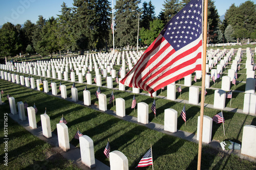 Military Headstones Decorated with Flags for Memorial Day