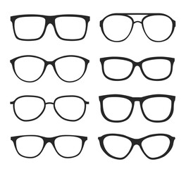 Many types of glasses. Fashion collection set glasses isolated. Vector illustration. Glasses icons frames silhouettes.
