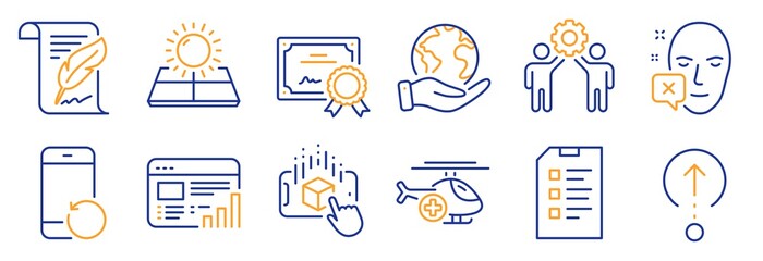 Set of Science icons, such as Feather, Employees teamwork. Certificate, save planet. Augmented reality, Web report, Swipe up. Sun energy, Face declined, Medical helicopter. Vector