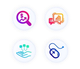 Consolidation, Graph chart and Currency audit icons simple set. Button with halftone dots. Computer mouse sign. Strategy, Growth report, Money chart. Pc device. Science set. Vector