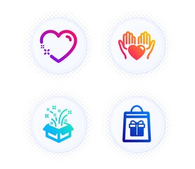 Gift, Hold heart and Heart icons simple set. Button with halftone dots. Holidays shopping sign. New year, Care love, Love. Gifts bag. Holidays set. Gradient flat gift icon. Vector
